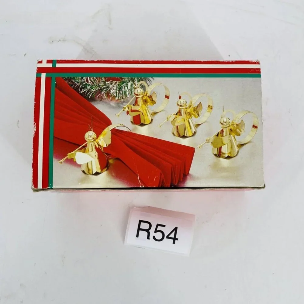 NOS Vintage 80's Set Of 4 Brass Plated Angel Napkin Rings Christmas Decor